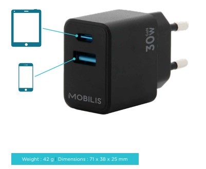 Wall Charger - 30W - 1 USB A + 1 USB C - GaN. MOQ 10 un.