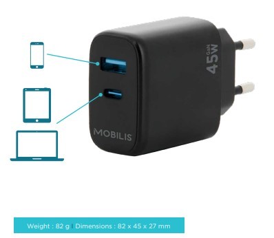 Wall Charger - 45W - 1 USB A + 1 USB C - GaN. MOQ 10 un.