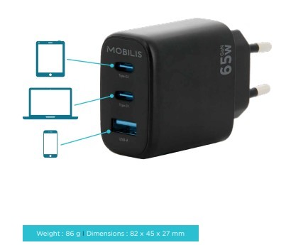 Wall Charger - 65W - 2 USB C + 1 USB A - GaN. MOQ 10 un