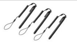 Stylus for capacitive touch panel with coiled tether, 3-pack. Constructed of conductive carbon-filled plastic material. This rigid plastic stylus is optimized for enterprise durability.