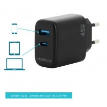 Wall Charger - 45W - 1 USB A + 1 USB C - GaN. MOQ 10 un.