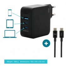 Wall Charger - 100 W - 2 USB C + 1 USB A GaN + cable - 2m - 100W. .